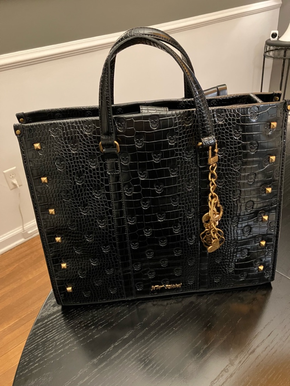 Betsey Johnson Black Croc-Embossed Skull Tote NWOT